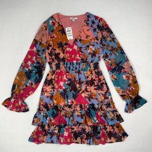 Women's Medium Floral Ruffle Mini V Neck Dress Boho Cottagecore New With Tags